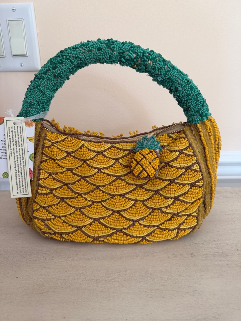 Beaded Yellow Pineapple Accent Handbag with Green Handle